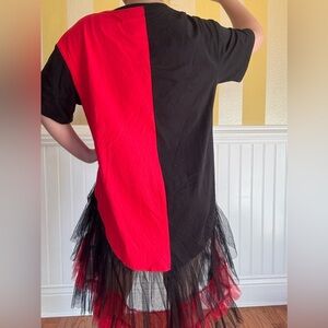 Red and Black Graphic Shirt Dress with Tulle